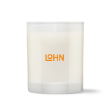 White candle container with 'LOHN' logo on a white background