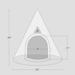 Measurement chart of a conical pet cave bed with dimensions labeled.