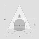 Measurement chart of a conical pet cave bed with dimensions labeled.