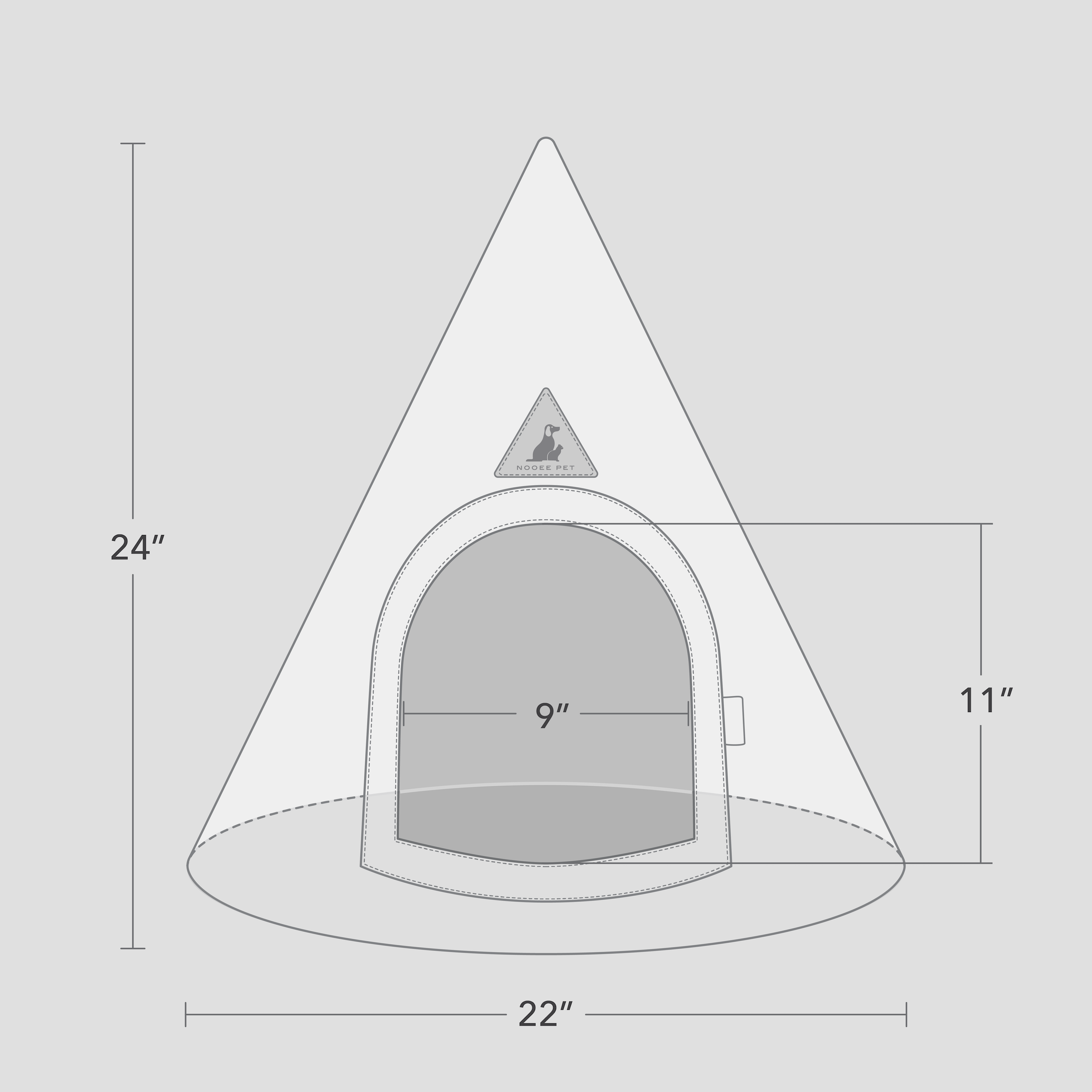 Measurement chart of a conical pet cave bed with dimensions labeled.