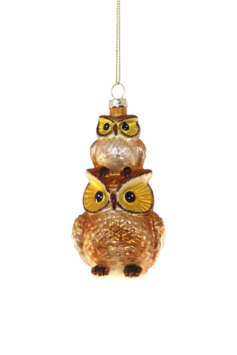 Stacked Owls Glass Ornament
