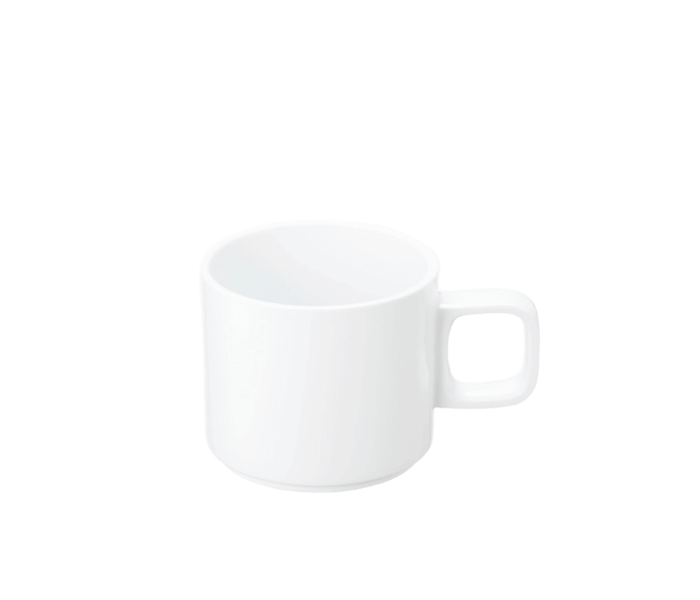 Hasami Porcelain 11 oz. white mug, modern design, multifunctional and stackable for versatile kitchen use.