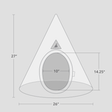 Illustration of a conical pet cave with dimensions labeled on a gray background