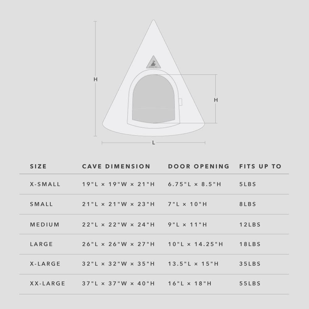 Measurement chart for a conical pet cave with dimensions and weight capacity.