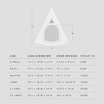 Measurement chart for a conical pet cave with dimensions and weight capacity.