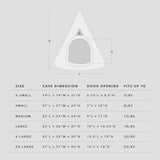 Measurement chart for a conical pet cave with dimensions and weight capacity.