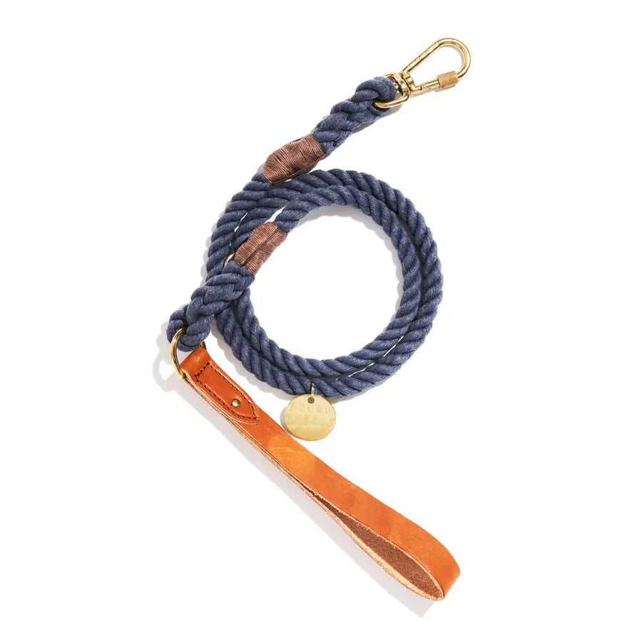 Standard Tan Leather Handle Rope Leash, Upcycled Blue Jean