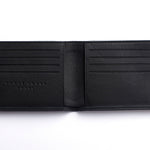 Black leather wallet in a rectangular shaped, unfolded to show 8 card slots and two compartments behind the slots.