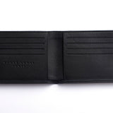 Black leather wallet in a rectangular shaped, unfolded to show 8 card slots and two compartments behind the slots.