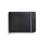 Black leather wallet with blue and burgundy elastic strap holding it closed on one end.