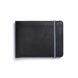 Black leather wallet with blue and burgundy elastic strap holding it closed on one end.