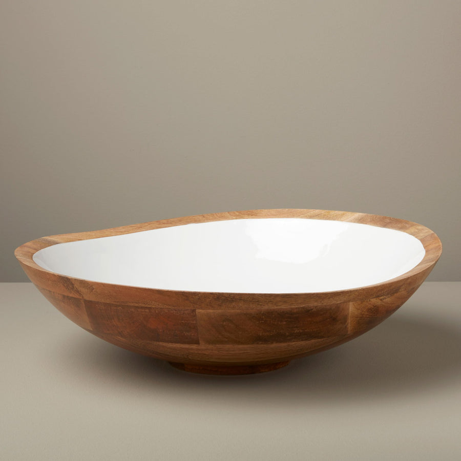 Extra Large Serving Bowl, Mango Wood and White Enamel