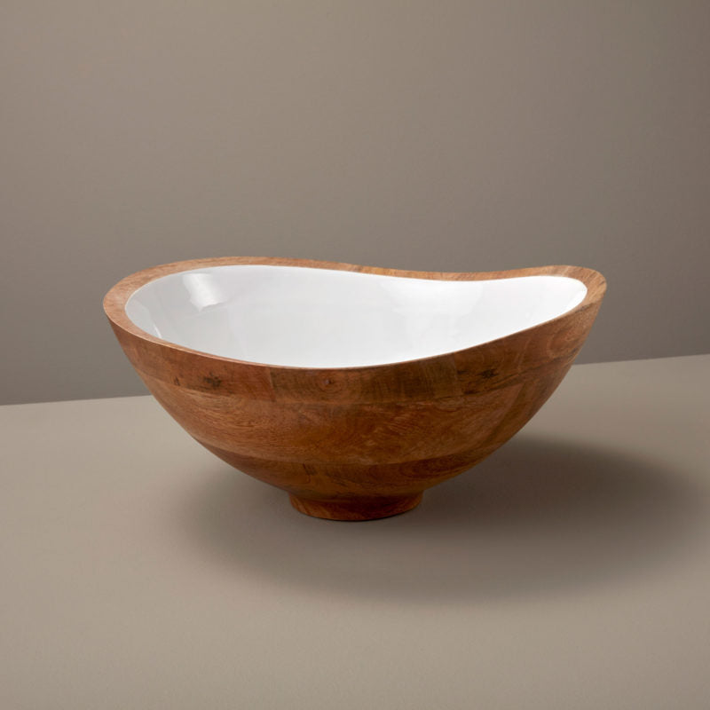 Large Serving Bowl, Mango Wood and White Enamel
