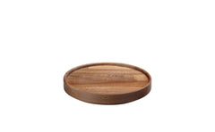 Hasami Porcelain walnut wood tray, circular design, ideal for tableware stacking and versatile serving solutions.