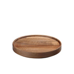 Hasami Porcelain walnut wood tray, circular design, ideal for tableware stacking and versatile serving solutions.