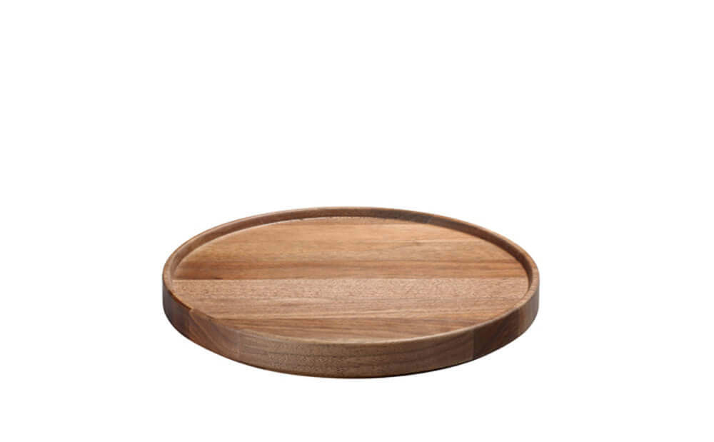 Hasami porcelain wood tray made of walnut, round design, perfect for stacking and versatile tableware use.