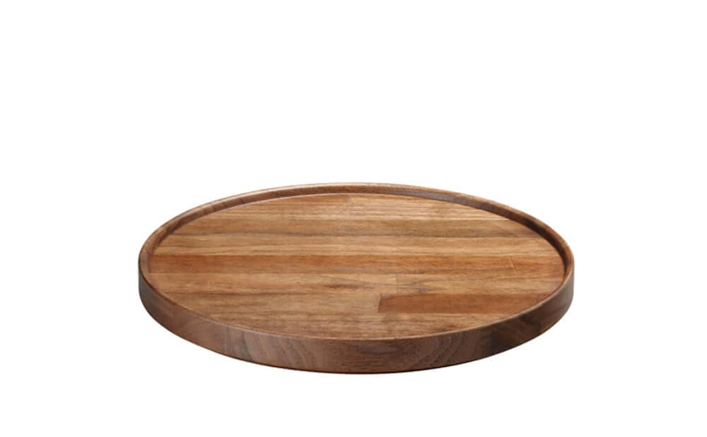 Hasami porcelain wooden tray made from walnut, featuring a smooth surface and round shape, ideal for stacking tableware.