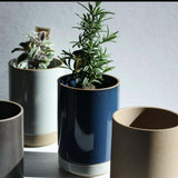 Hasami Porcelain small planters in various colors with plants, showcasing modern design and Japanese craftsmanship.