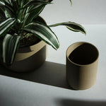 Hasami Porcelain large planter in natural color with a small cylindrical pot, showcasing a plant and minimalist design.