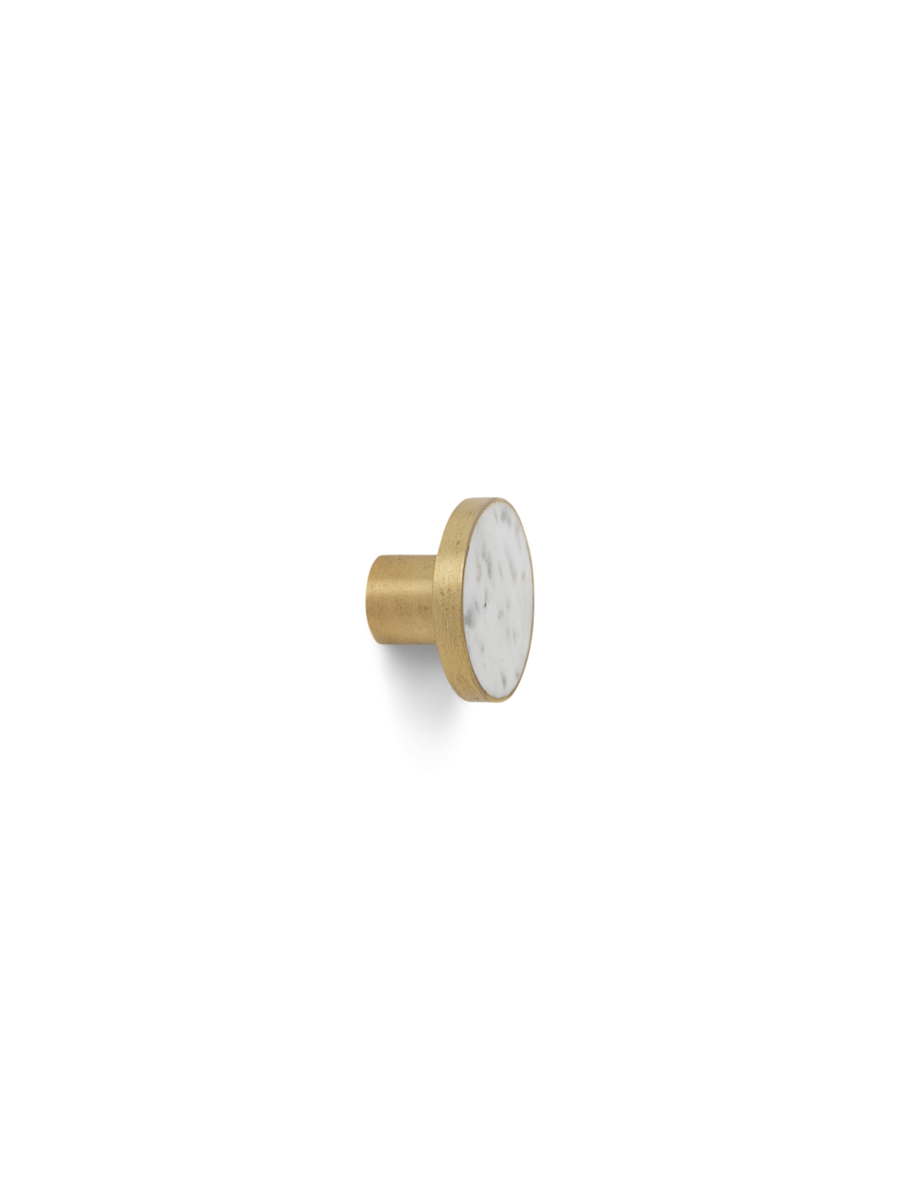 Ferm Living Brass and Marble Large Hook or Knob - white marble inset into brass round hook/knob, side view - Acacia