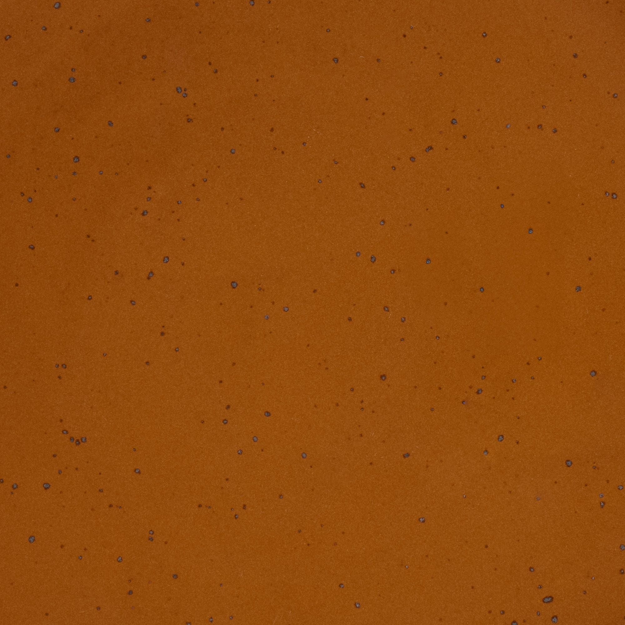 A closeup of a ceramic plate in a glossy caramel brown color with iron speckles throughout