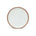 A dinner sized ceramic plate in a cool white color featuring iron speckles and an unglazed rim.