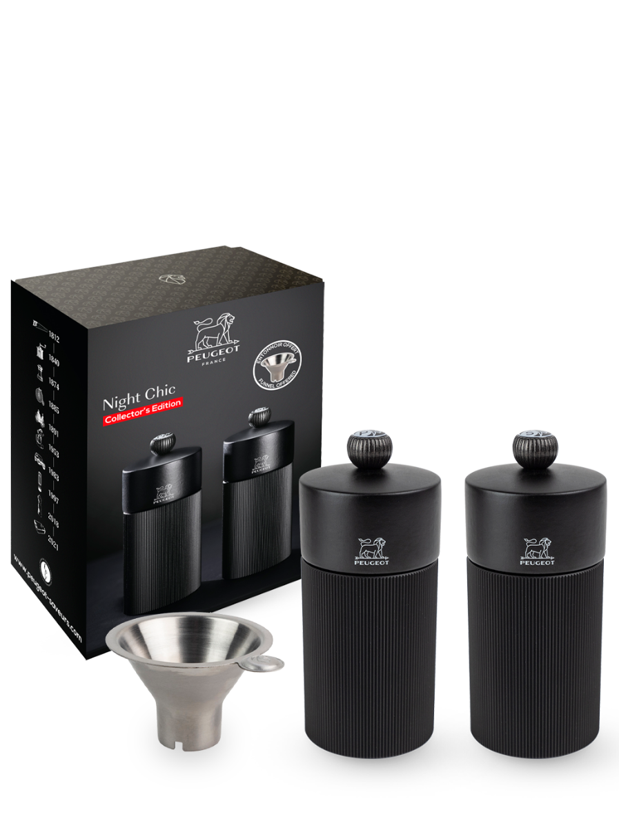 black Peugeot Line salt and pepper set with funnel