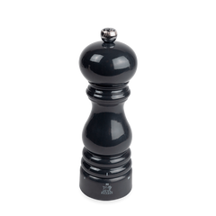 Black glossy pepper grinder on a white background