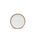 A dessert sized ceramic plate in a cool white color featuring iron speckles and an unglazed rim.
