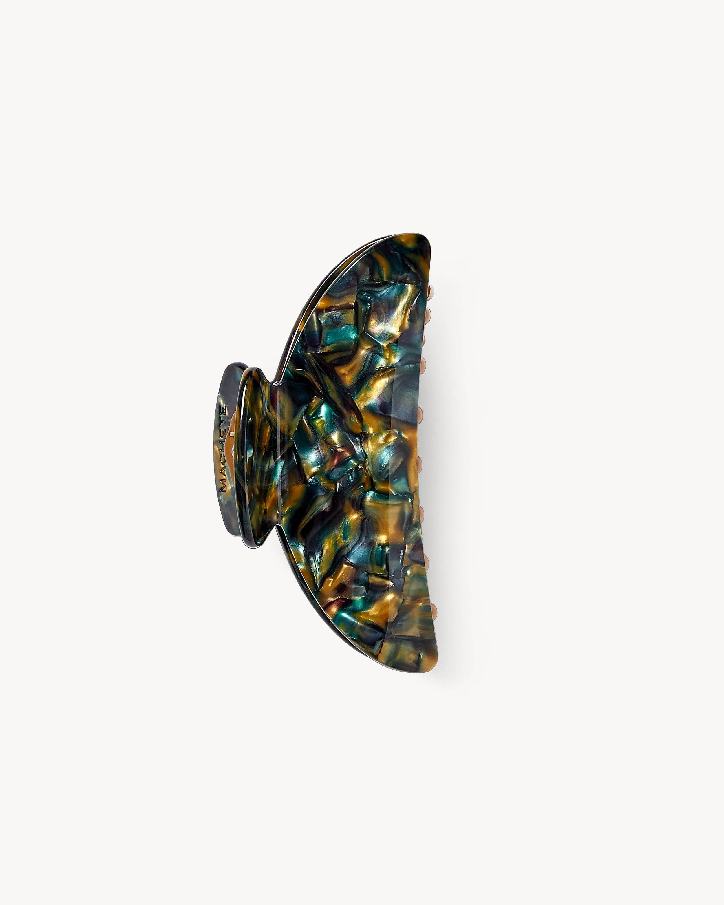 Midi Heirloom Claw in Green Tortoise, double-walled hair clip crafted from Italian acetate, suitable for all hair types.