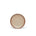 A dessert sized ceramic plate in a warm pale brown color featuring iron speckles and an unglazed rim.