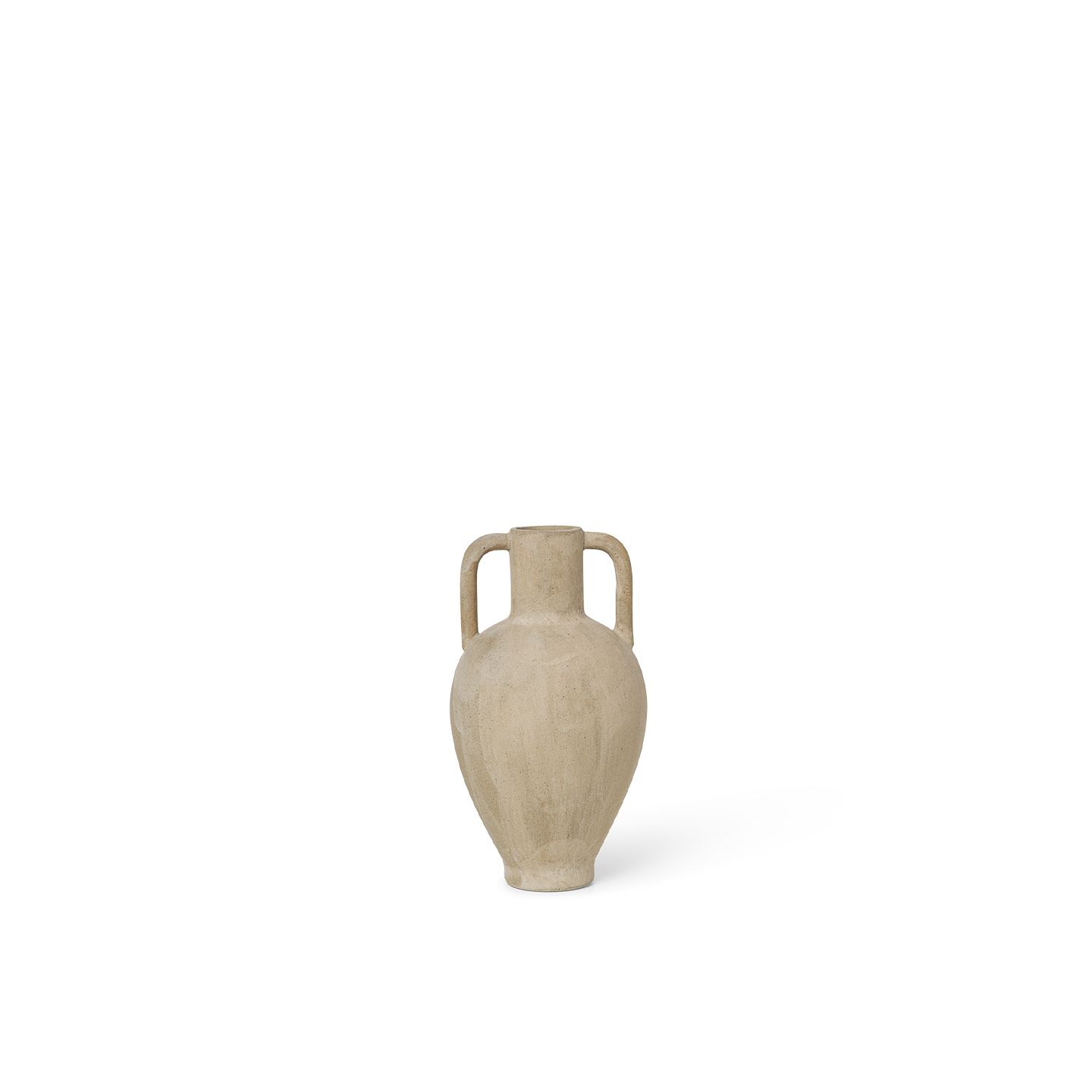 Beige ceramic vase with handles on a white background