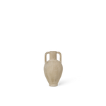 Beige ceramic vase with handles on a white background