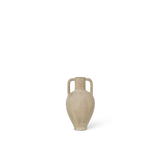 Beige ceramic vase with handles on a white background