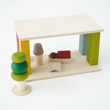 Set of wooden toys on a white surface
