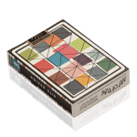 Colorful geometric patterned box for playing cards with Eames Office 'Kite Design' on side of box.