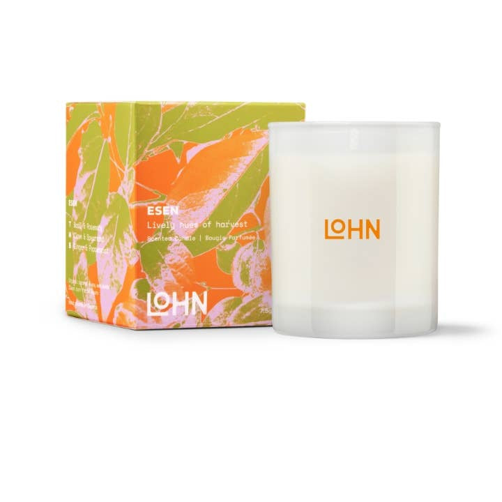 White glass container with LOHN branding and packaging on a white background