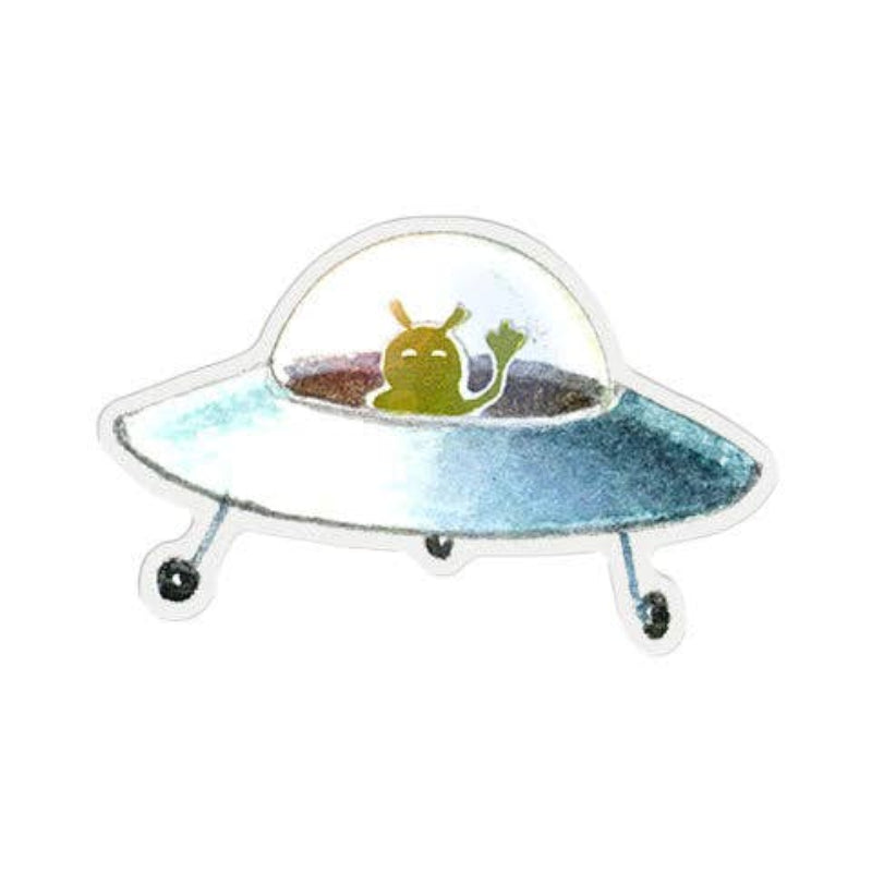 Sticker of a UFO with an alien on a white background