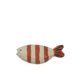 Decorative fish-shaped hook with orange and white stripes 