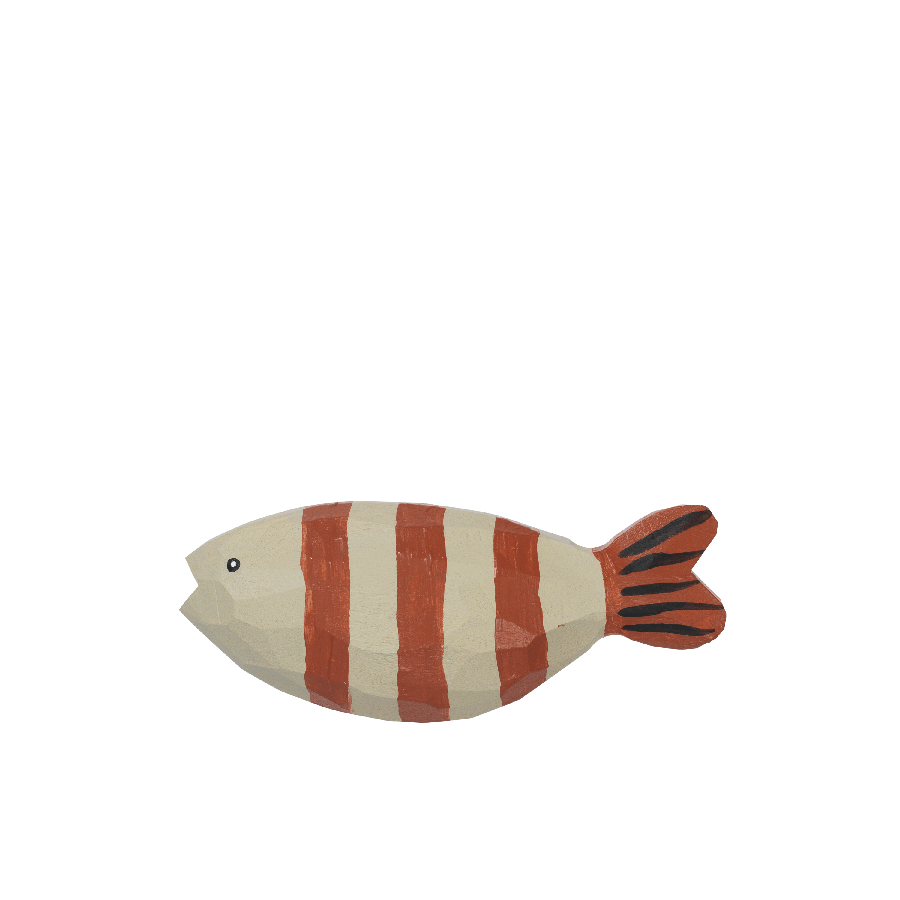 Decorative fish-shaped hook with orange and white stripes 