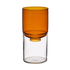 An amber-colored translucent glass vase resting on a clear glass cylinder base, shown against a solid white background.