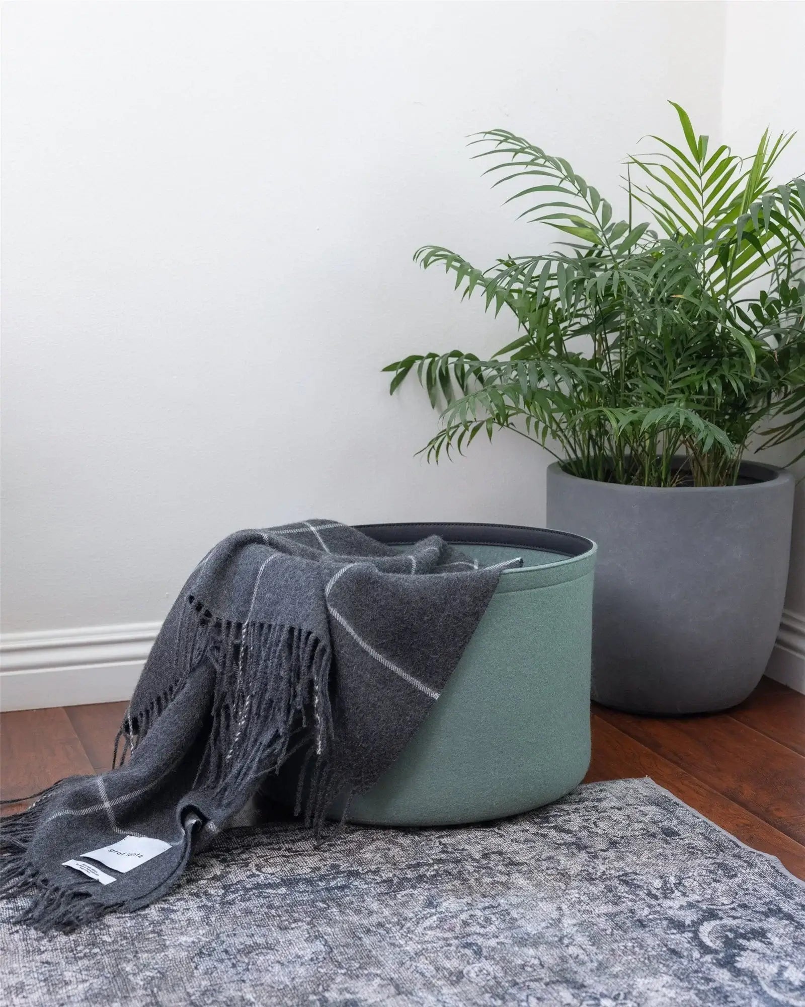 Green storage basket with a gray blanket next to a potted plant on a wooden floor.