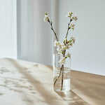Clear glass vase with blossom branches on a wooden surface