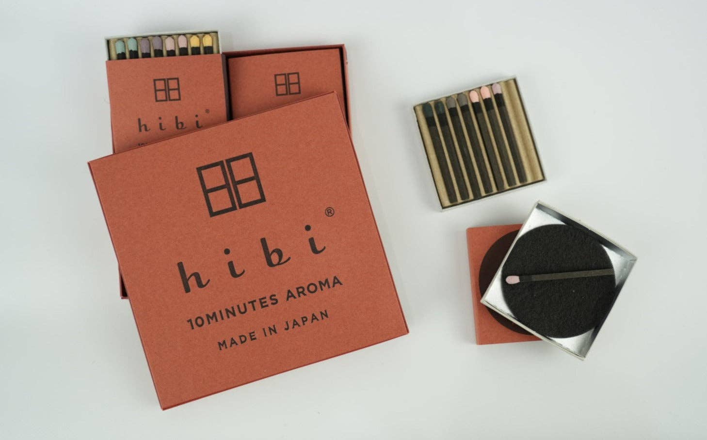 Hibi incense packaging with matches on a white background