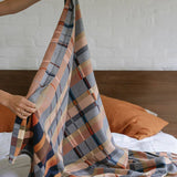 Person holding a plaid blanket over a bed with orange pillows.