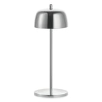 A modern table lamp with a polished chrome dome shade, slim central stem, and circular base, shown against a plain white background.