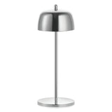 A modern table lamp with a polished chrome dome shade, slim central stem, and circular base, shown against a plain white background.