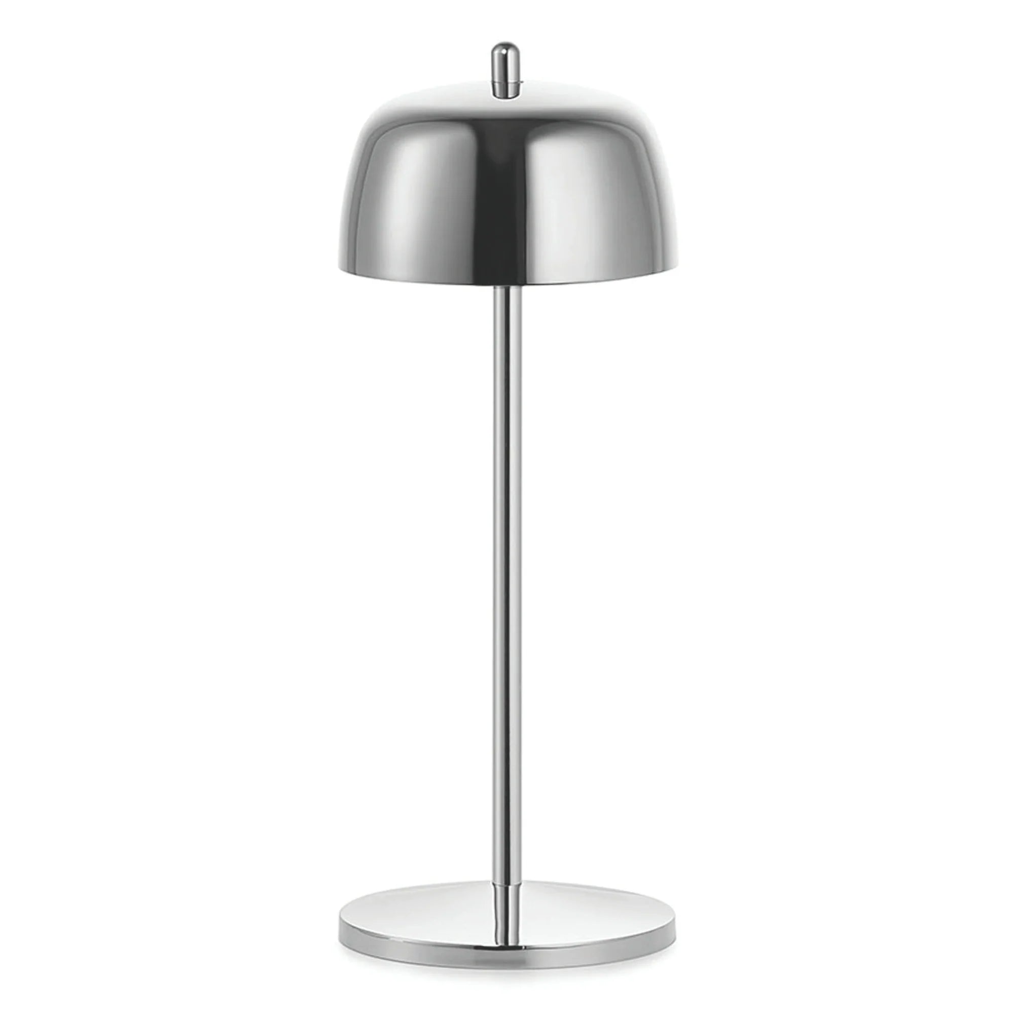 A modern table lamp with a polished chrome dome shade, slim central stem, and circular base, shown against a plain white background.