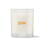 White candle container with 'LOHN' logo on a white background