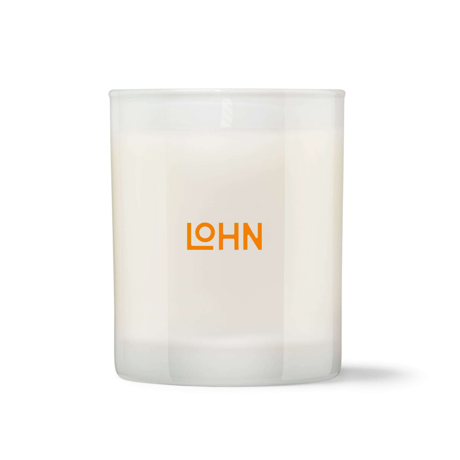 White candle container with 'LOHN' logo on a white background